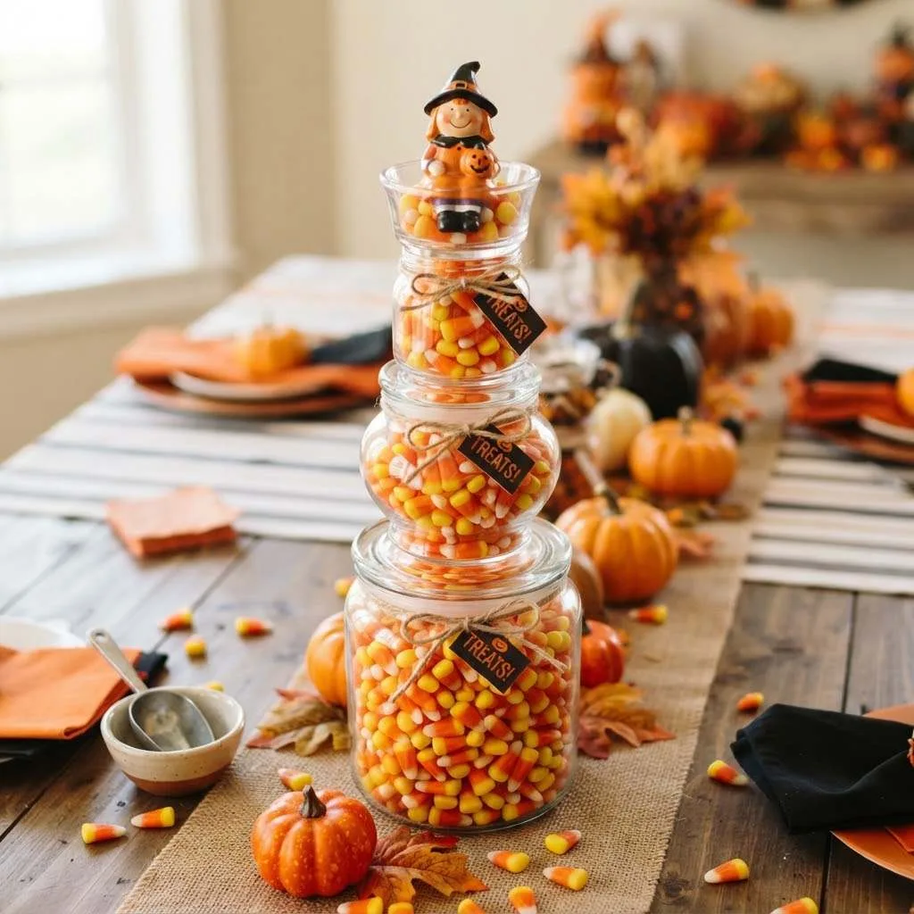 15 Spooktacular Halloween Table Centerpiece Ideas 12 Candy Corn Centerpiece Tower