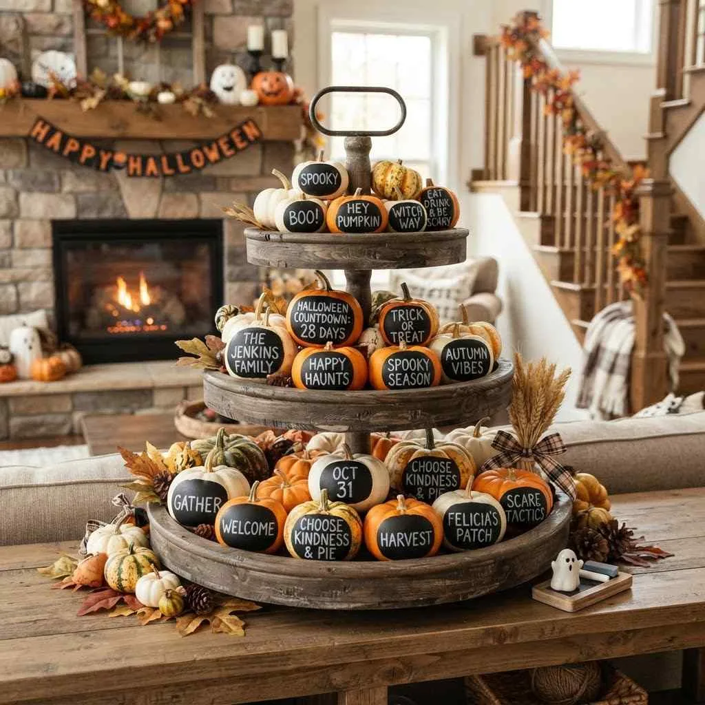 15 Farmhouse Halloween Decor Ideas That Bring Cozy Charm to Your Home 16 Chalkboard Pumpkin Labels