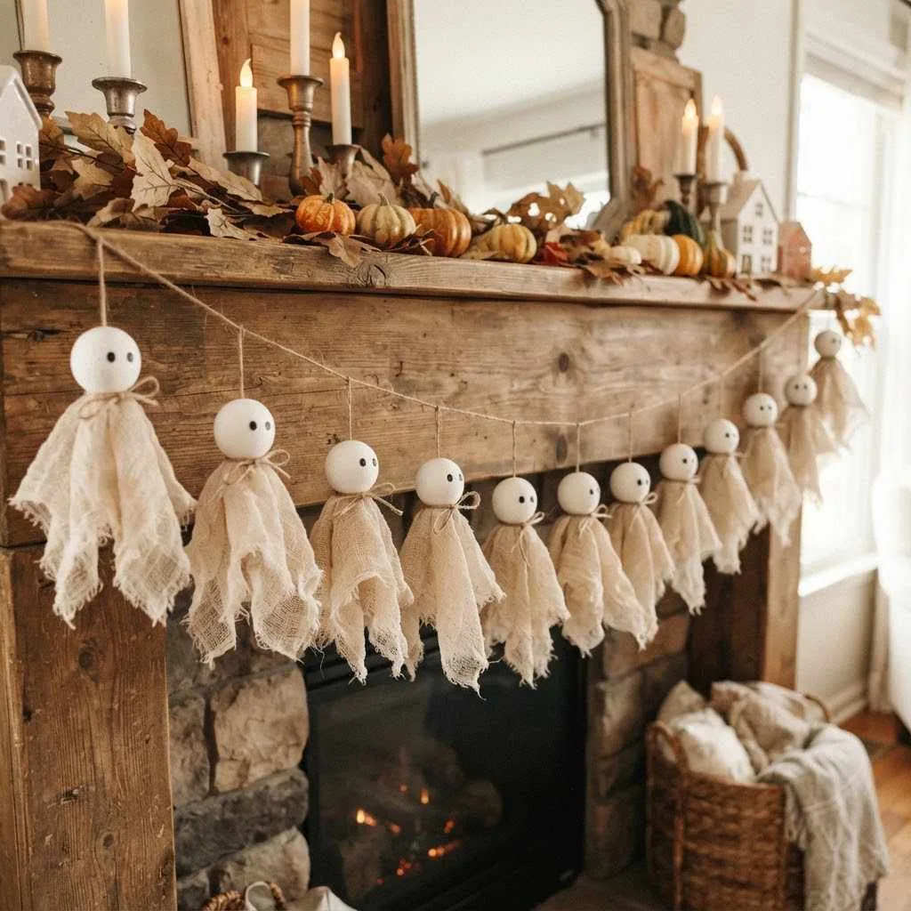 15 Farmhouse Halloween Decor Ideas That Bring Cozy Charm to Your Home 9 Cheesecloth Ghost Garland