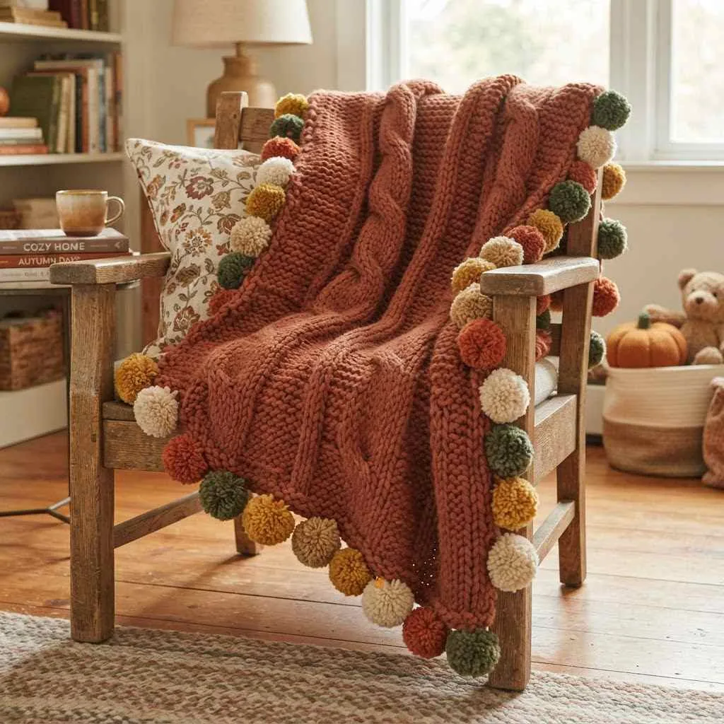 15 Chunky Knit Fall Throw Ideas to Cozy Up Your Home This Season 7 6. Chunky Knit Pom Pom Border Throw