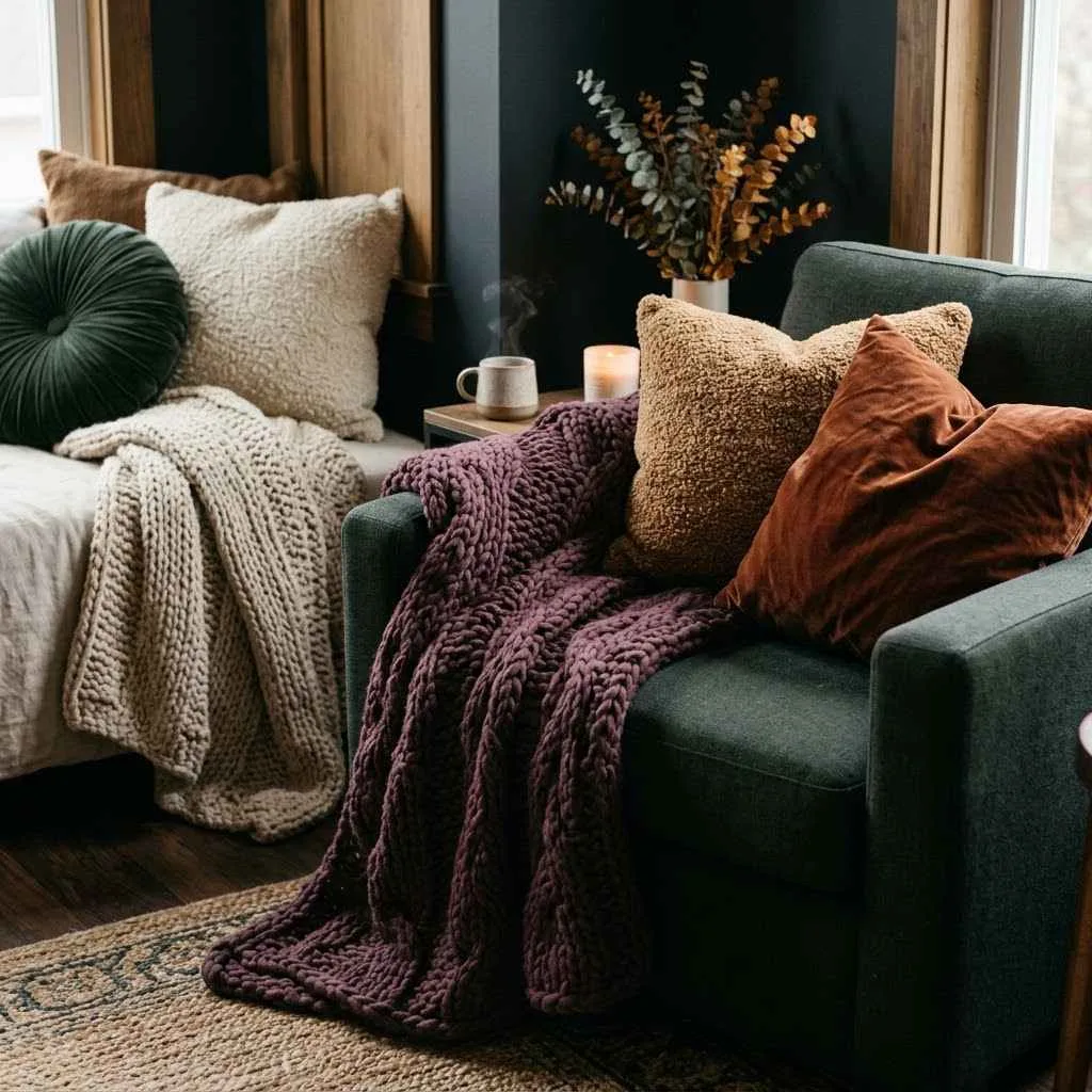 14 Moody Fall Interior Ideas For Your House 6 Chunky Knit Throws and Textured Pillows