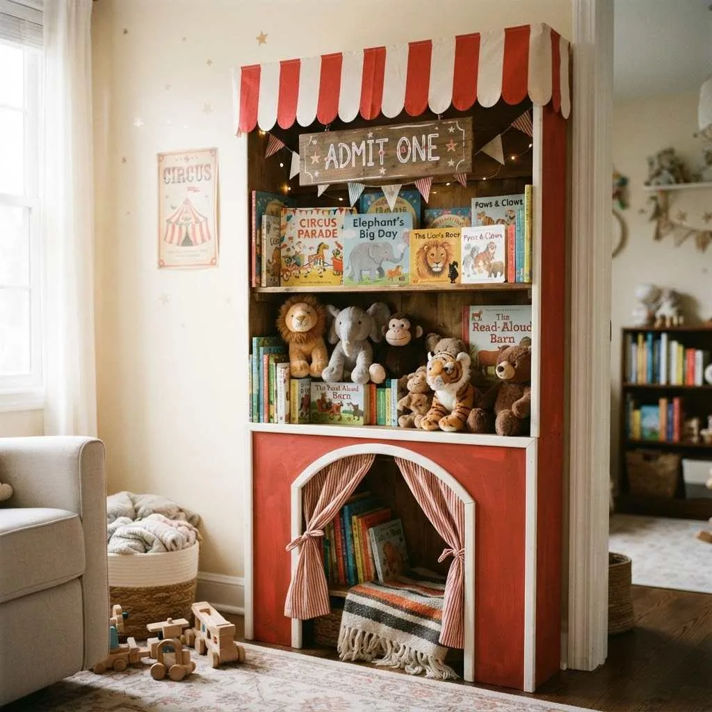 15 Halloween Nursery Decor Ideas: Castlecore & Circus Vibes Your Baby Will Love 7 6. Circus Ticket Booth Bookshelf Corner