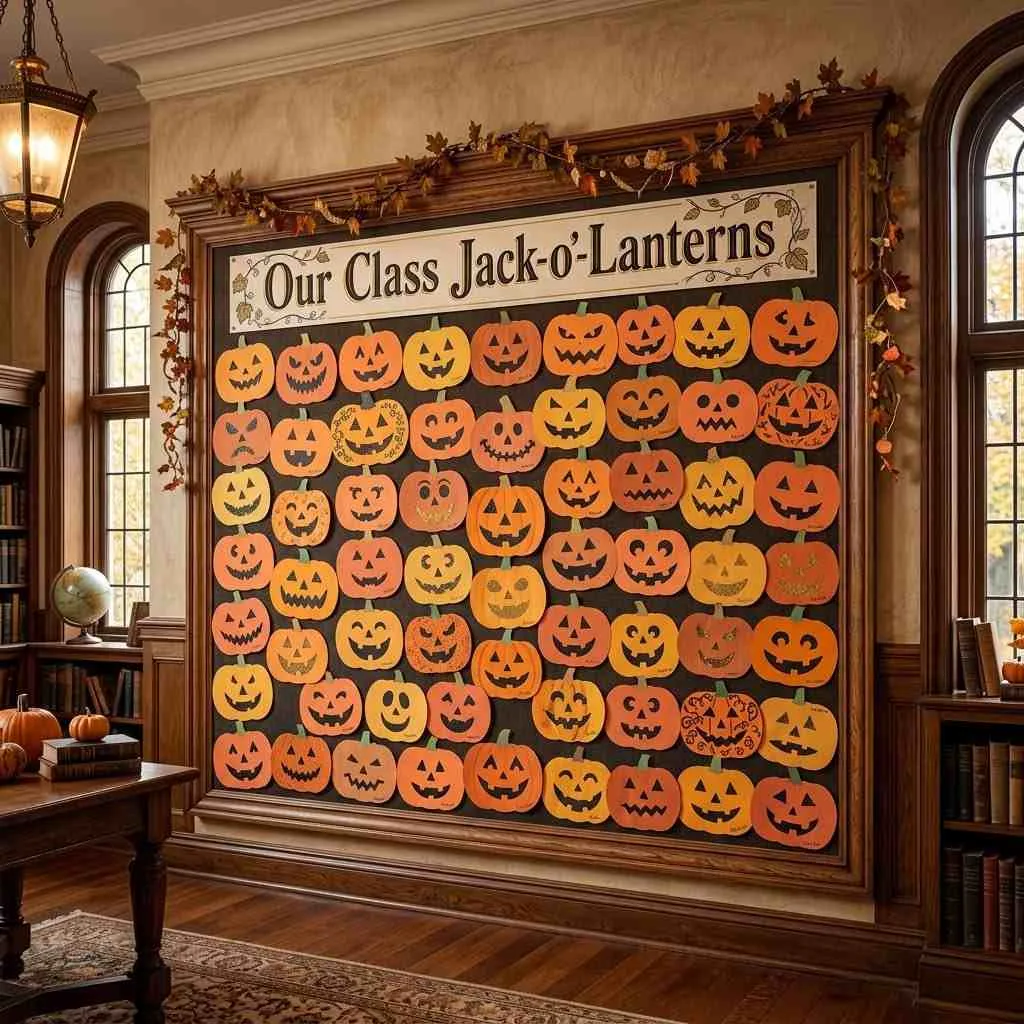 15 Halloween Classroom Decor Ideas That'll Make Your Room the Talk of the School! 10 Class Jack-o'-Lantern Wall
