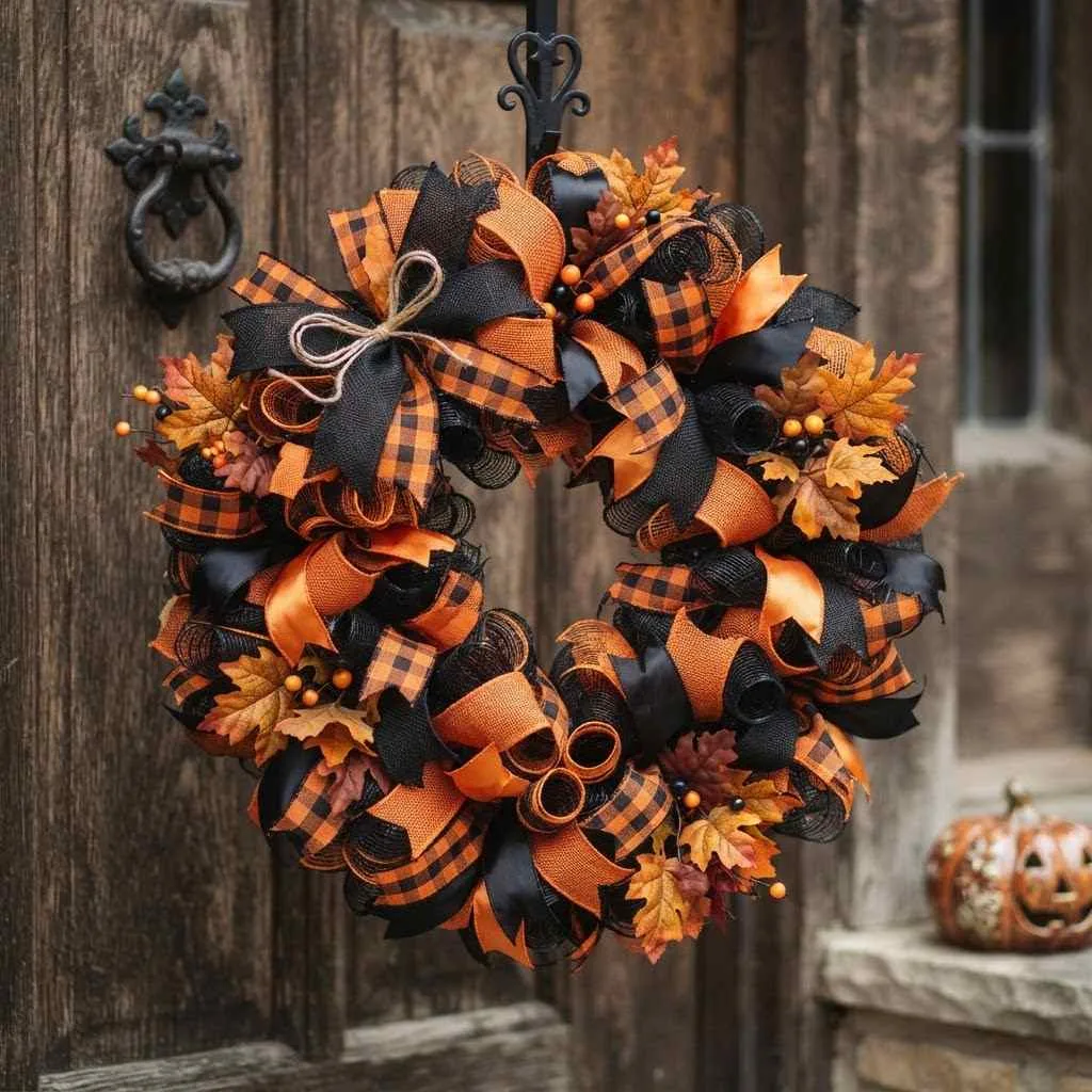 14 Halloween Wreath Ideas to Transform Your Front Door 2 1. Classic Black and Orange Ribbon Wreath