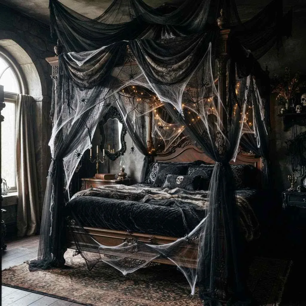 15 Spooky Bedroom Decor Ideas to Transform Your Space 2 1. Cobweb Canopy Bed