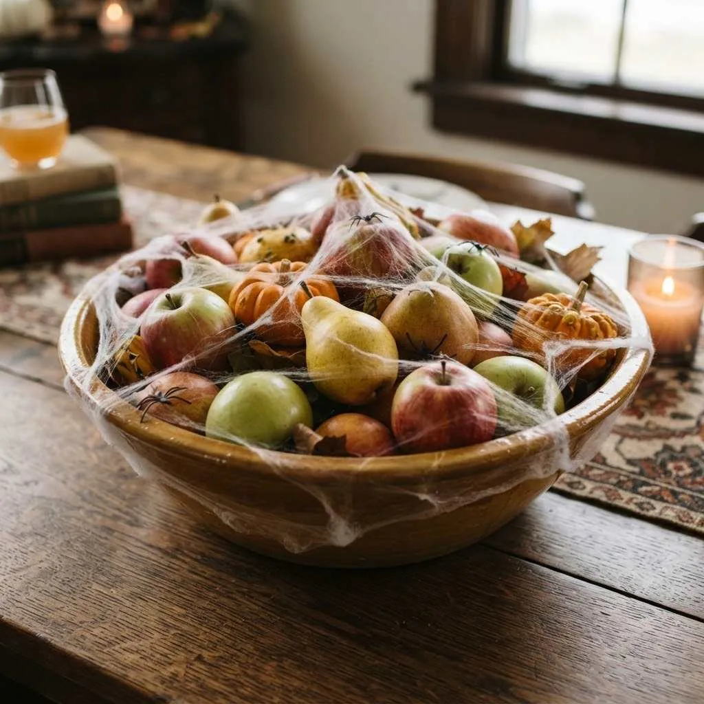 14 Halloween-Thanksgiving Table Decor Ideas You'll Absolutely Love 11 10. Cobweb Draped Fruit Bowl