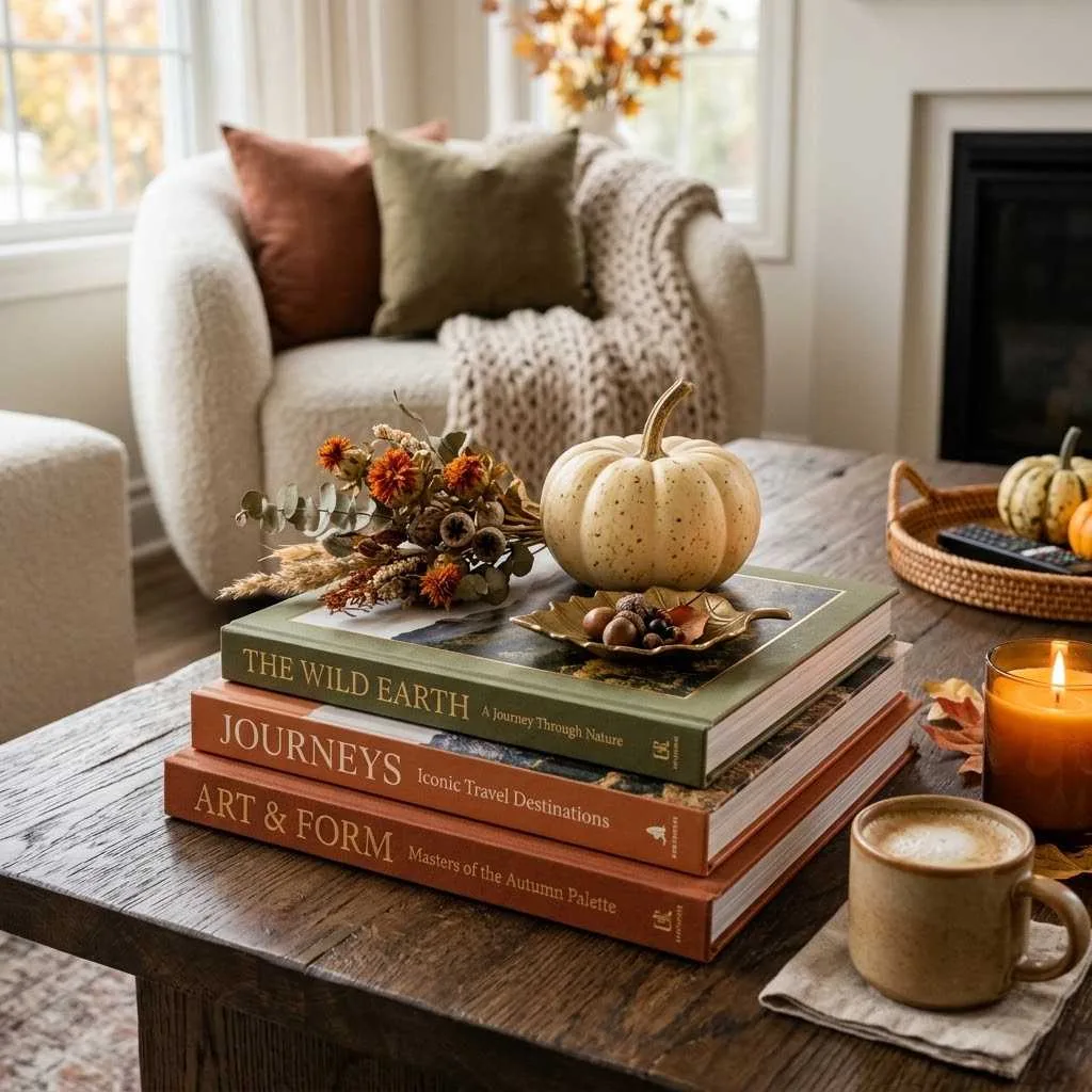 15 Fall Coffee Table Decor Ideas 16 Coffee Table Book Stack with Seasonal Accents compressed