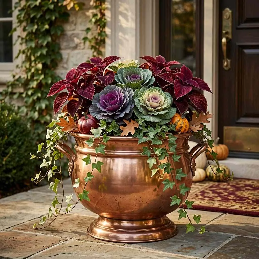 15 Fall Planter Ideas to Cozy Up Your Porch This Season 12 Copper Cauldron Mix
