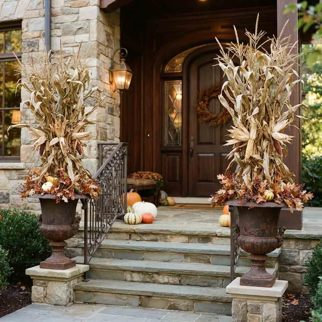 Corn Stalks in Decorative Urns