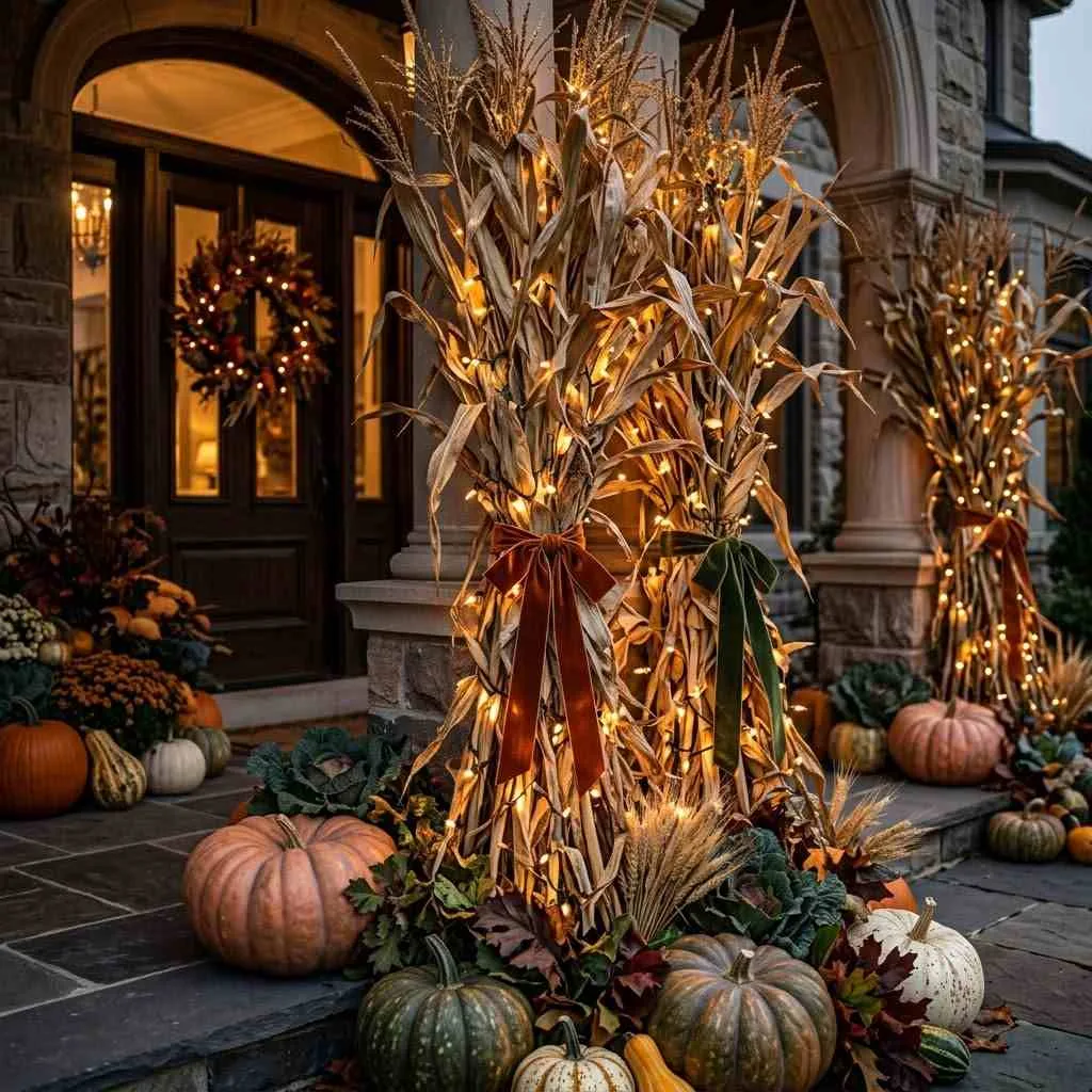 Corn Stalks with String Lights