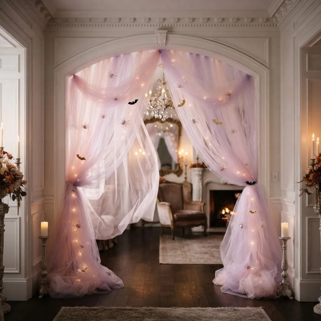 14 Dreamy Pastel Halloween Decor Ideas You'll Absolutely Love 9 Cotton Candy Cobweb Curtains