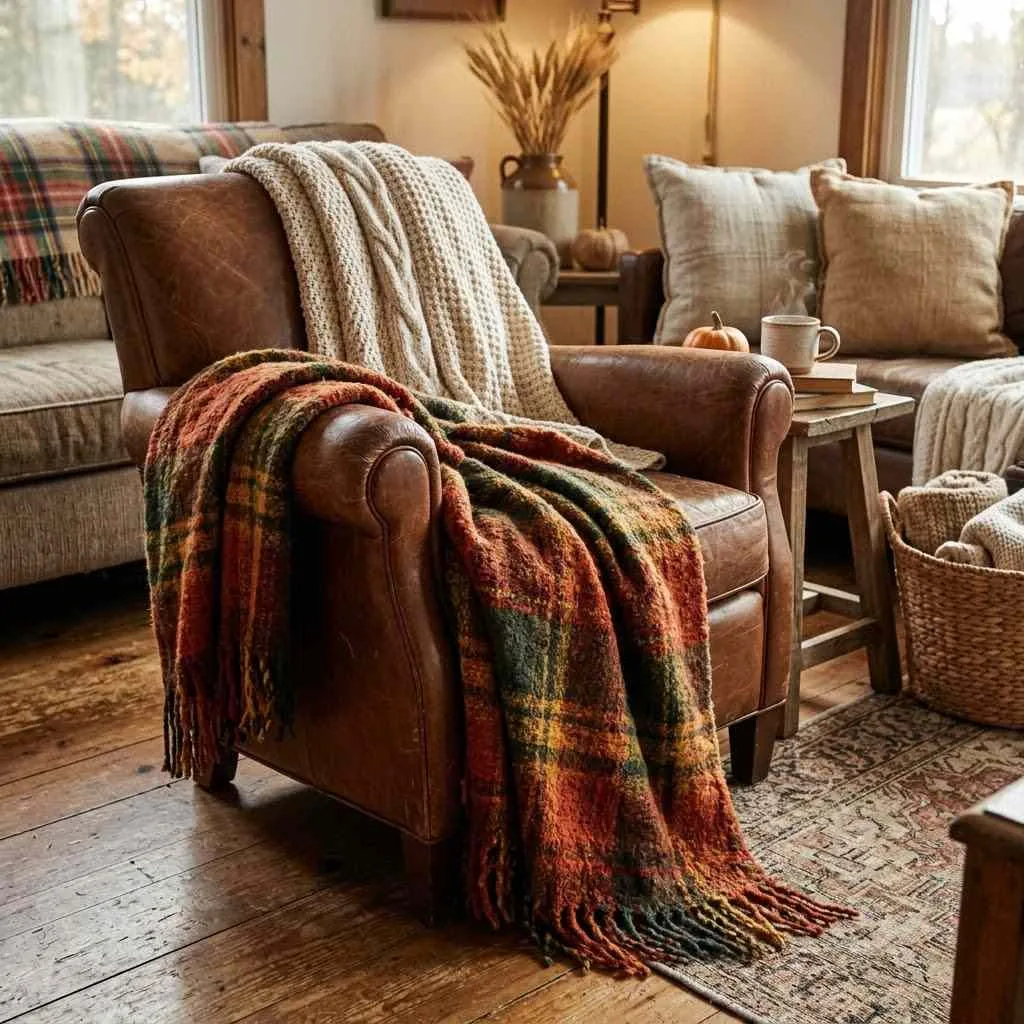 14 Farmhouse Fall Decor Ideas to Cozy Up Your Home This Season 4 3. Cozy Plaid Throw Blankets