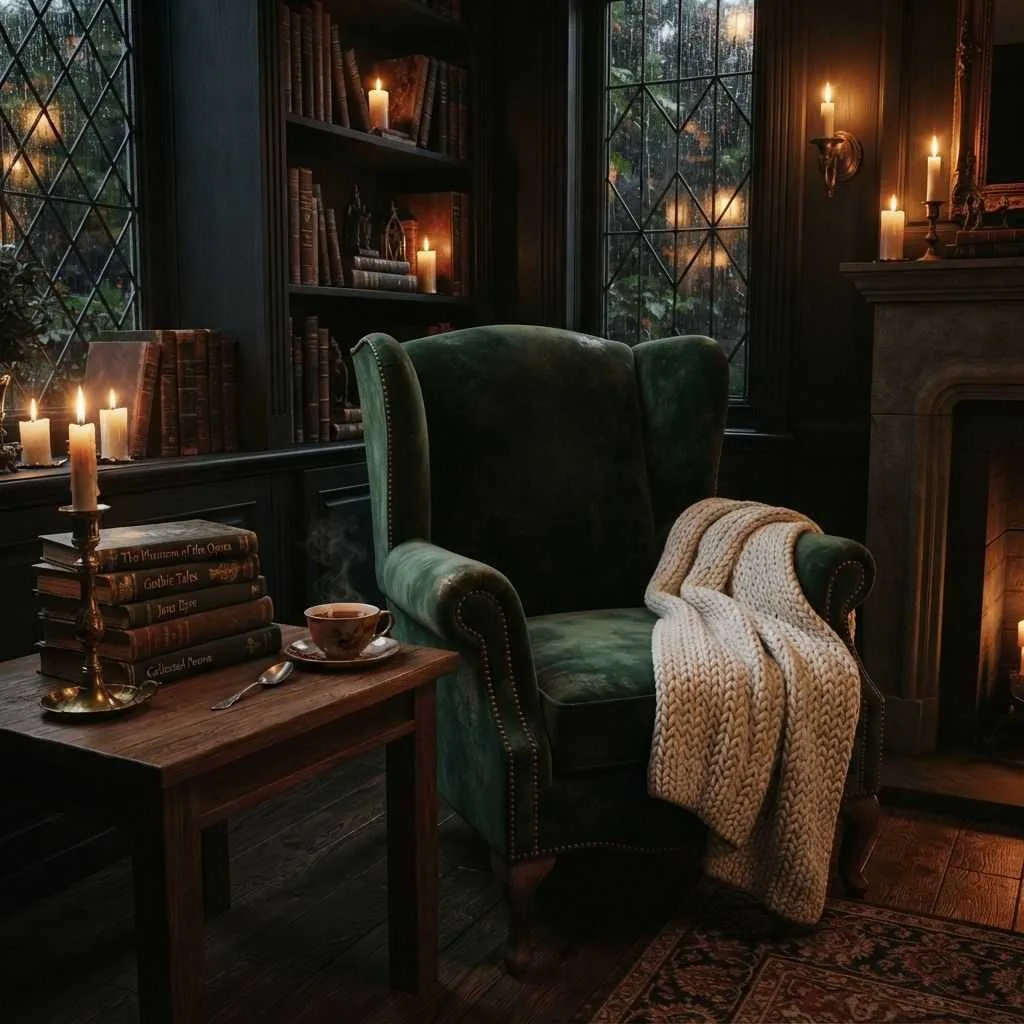 15 Cozy Dark Academia Halloween Ideas You'll Fall in Love With 2 Candlelit Reading Nook