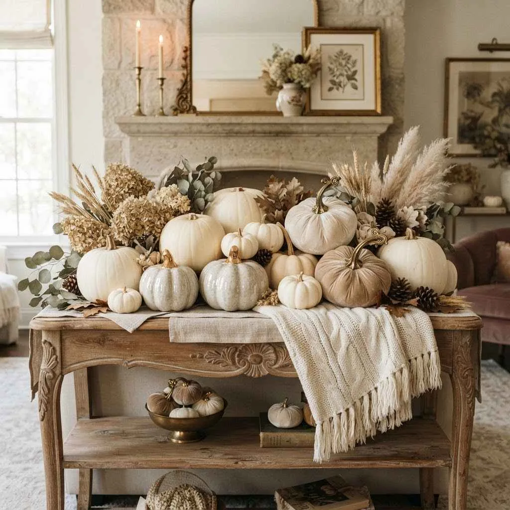 Fall Neutral Decor Ideas: 15 Cozy Ways to Warm Up Your Home This Season 4 Cream Pumpkin Displays