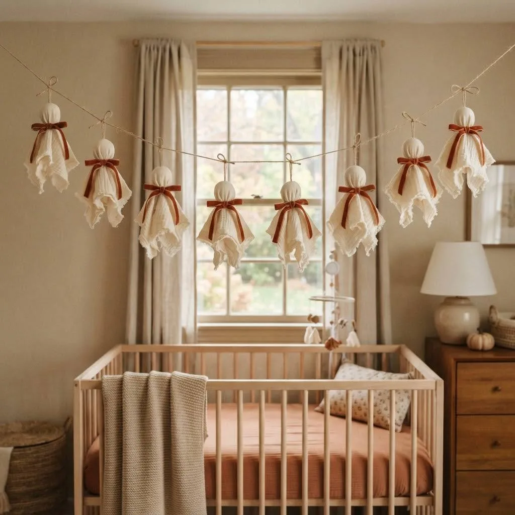 14 Halloween Nursery Neutral Decor Ideas You'll Love 2 Halloween Nursery Neutral Decor Ideas Cream and Rust Ghost Garland