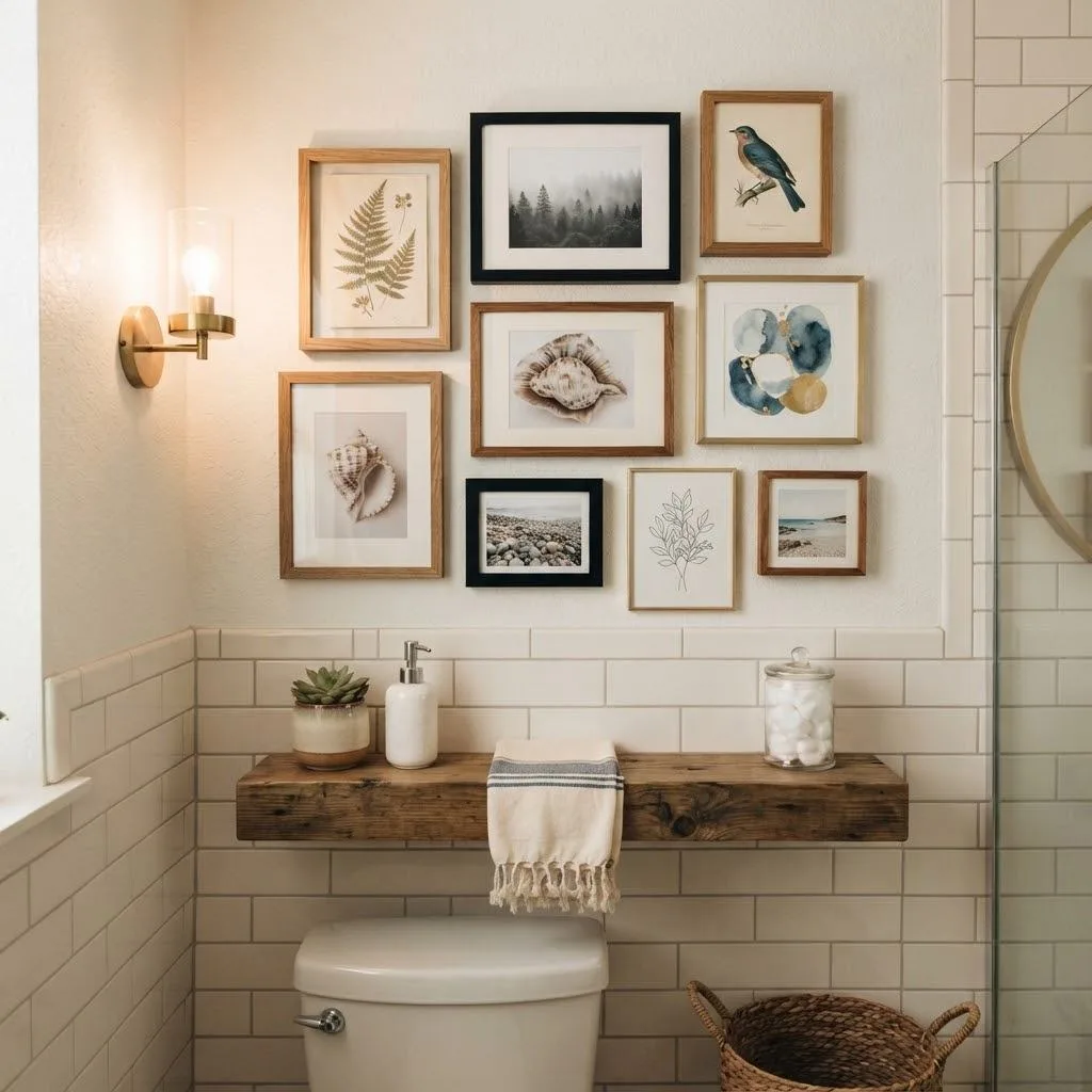15 Bathroom Decor Ideas That'll Make You Fall in Love With Your Space 8 Create a Gallery Wall With Framed Art compressed