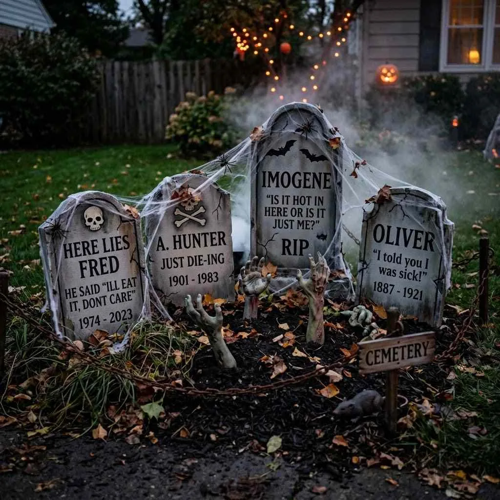 15 Halloween Outdoor Decoration Ideas That'll Make Your Yard the Talk of the Neighborhood 3 DIY Graveyard Scene