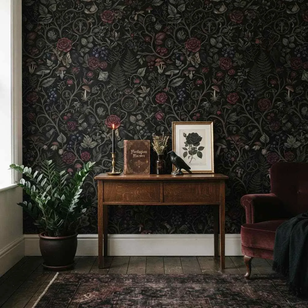 15 Spooky Bedroom Decor Ideas to Transform Your Space 7 6. Dark Botanical Wallpaper
