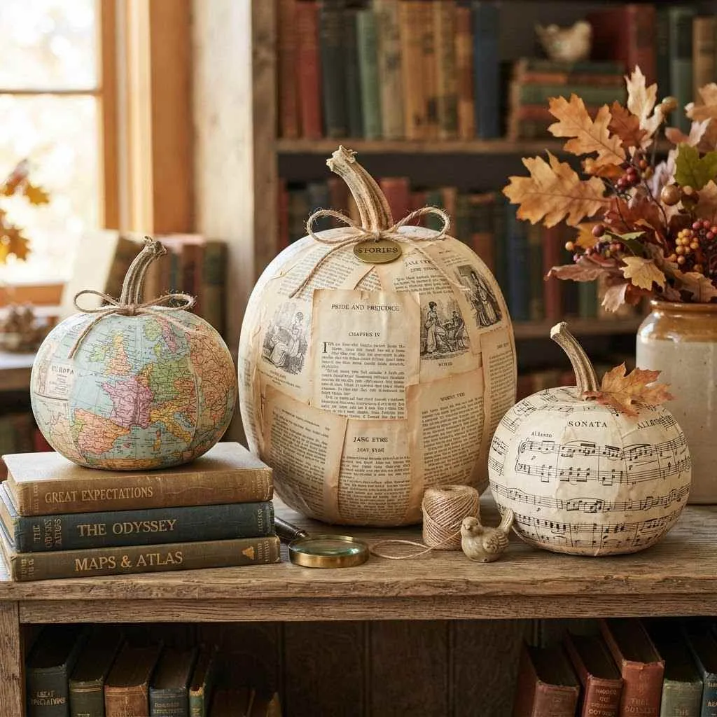 15 Pumpkin Decorating Ideas for 2026 You'll Want to Try Right Now 14 13. Decoupage Map or Book Page Pumpkins