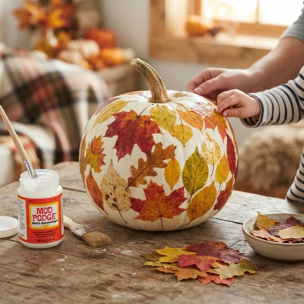 15 No-Carve Pumpkin Ideas You'll Absolutely Love This Fall 3 Decoupage With Fall Leaves