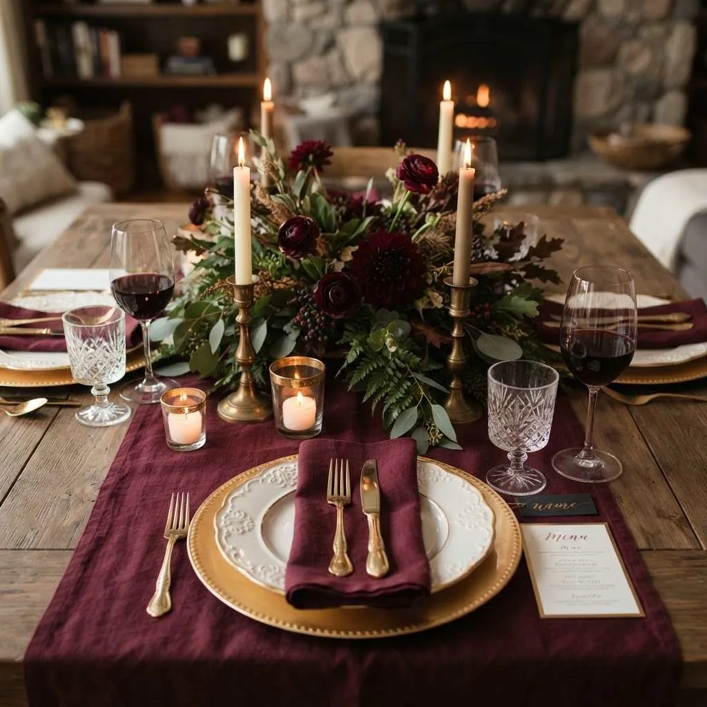 15 Beautiful Linen Table Runner Ideas to Transform Your Fall Table 3 Deep Burgundy Elegance