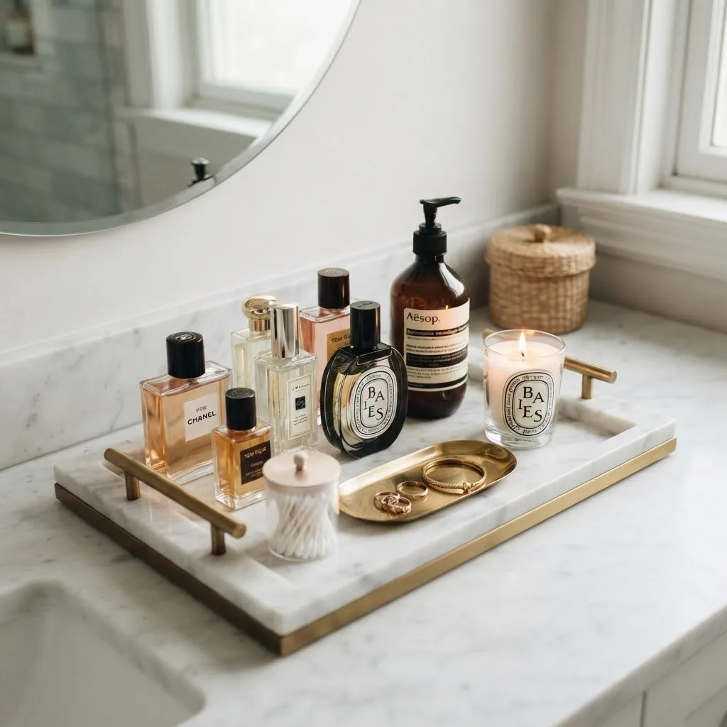 15 Bathroom Decor Ideas That'll Make You Fall in Love With Your Space 14 Display Curated Vanity Trays compressed