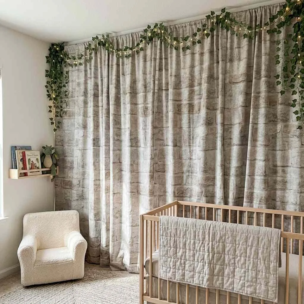 15 Halloween Nursery Decor Ideas: Castlecore & Circus Vibes Your Baby Will Love 12 11. Draped Fabric "Stone" Wall Panels