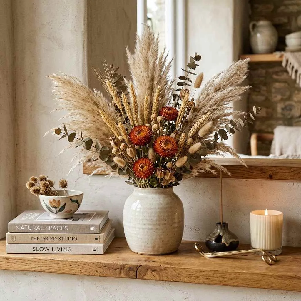 15 Fall Shelf Styling Ideas to Cozy Up Your Home This Season 7 6. Dried Floral Arrangement Focal Point
