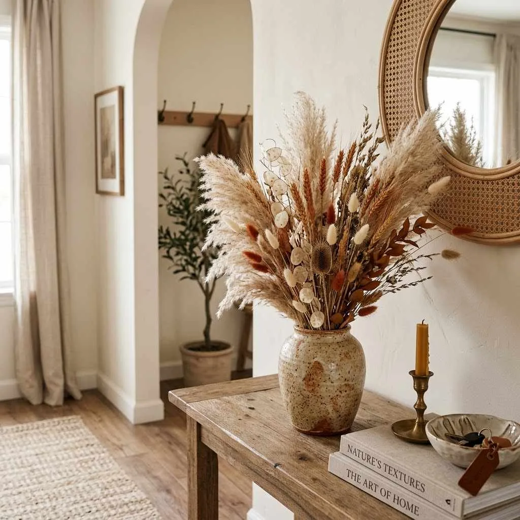 15 Fall Entryway Ideas to Warm Up Your Welcome 10 9. Dried Floral and Grass Arrangements