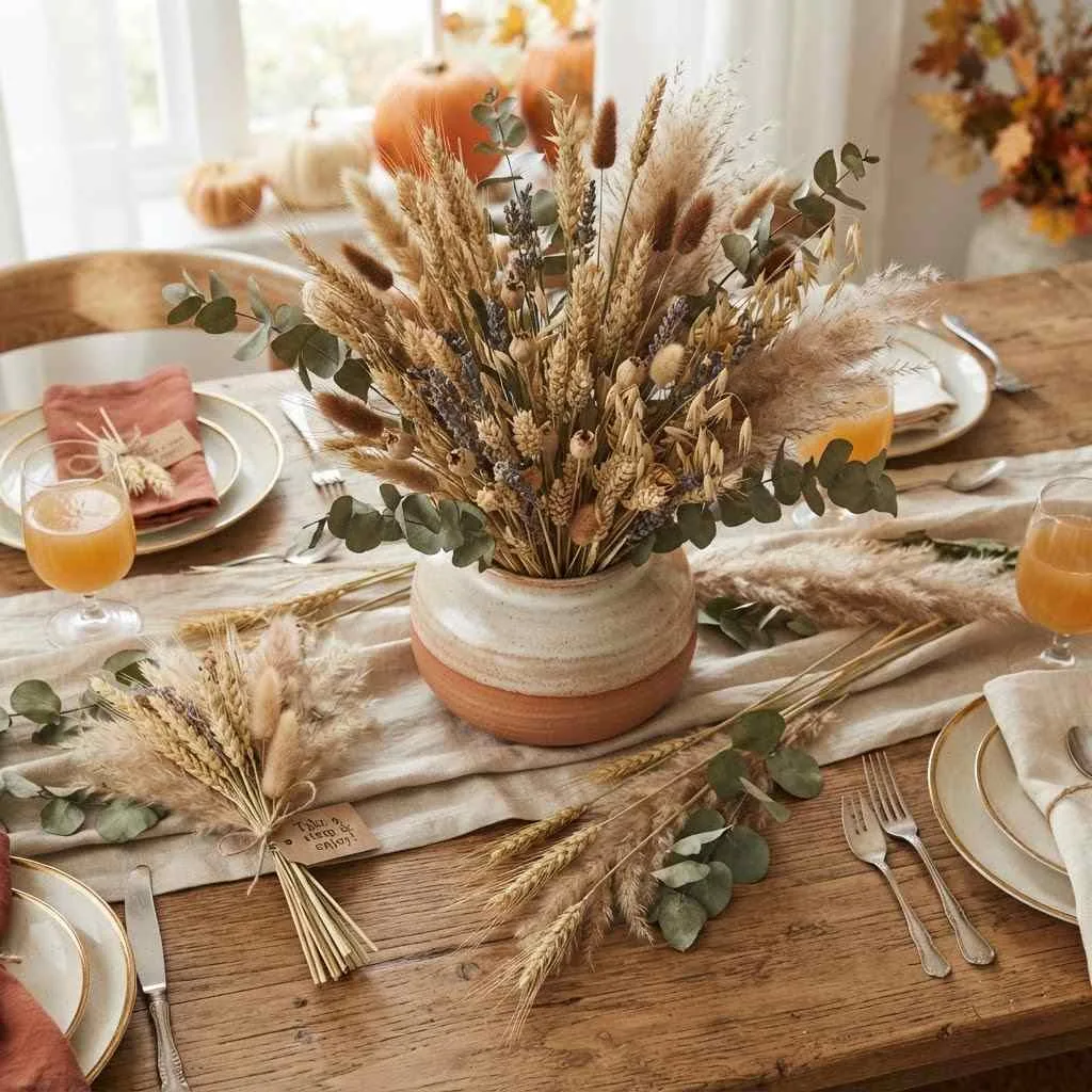 15 Fall Dinner Party Decor Ideas 5 Dried Floral and Wheat Arrangements