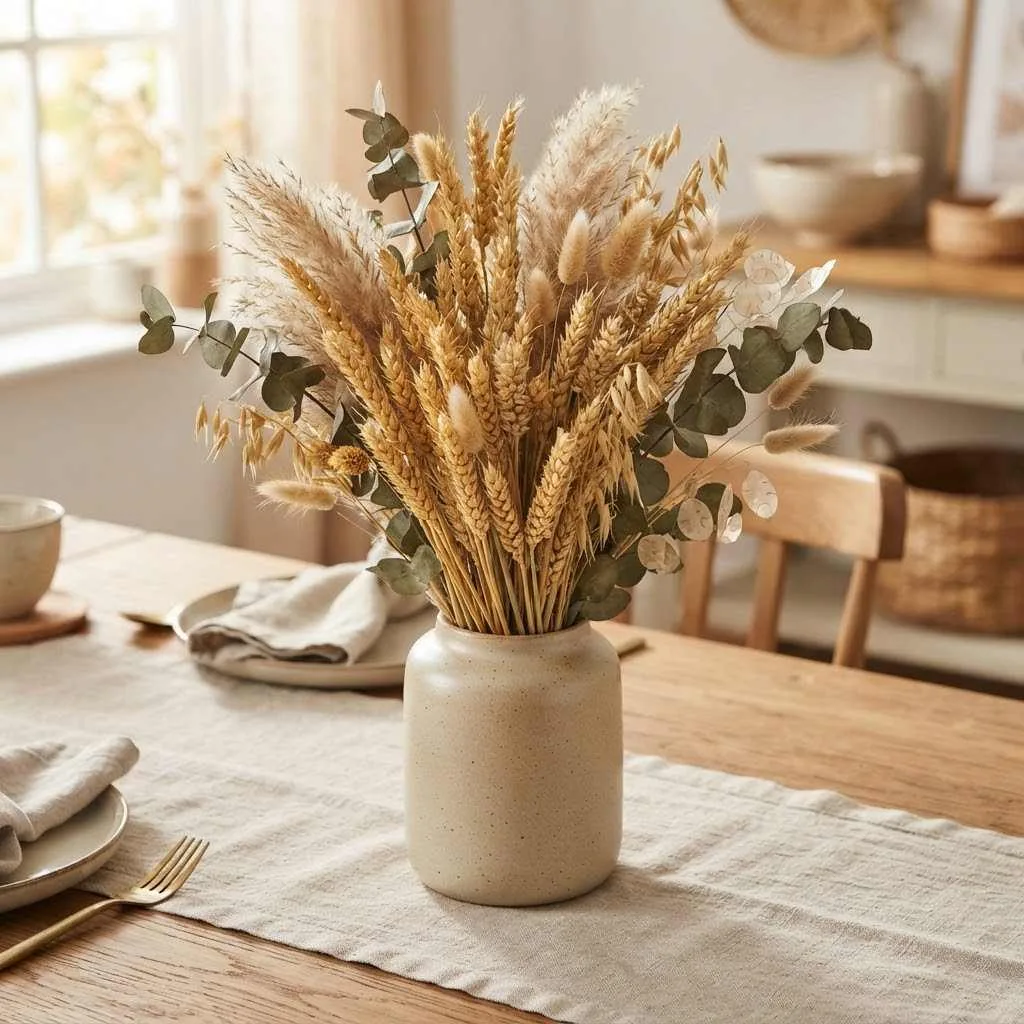 14 Fall Dining Room Decor Ideas to Cozy Up Your Space 5 4. Dried Floral and Wheat Arrangements
