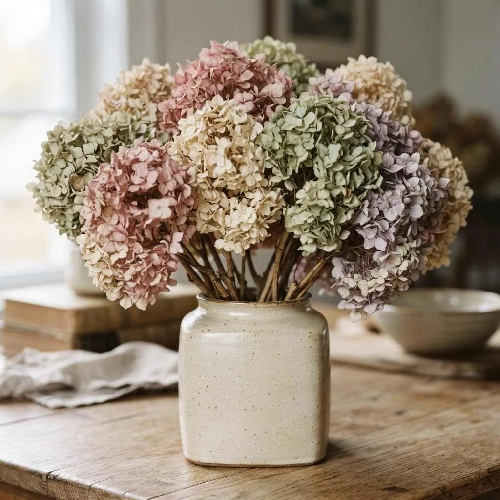 14 Farmhouse Fall Decor Ideas to Cozy Up Your Home This Season 16 15. Dried Hydrangea and Eucalyptus Arrangements