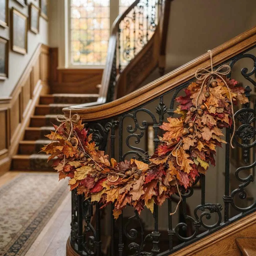 15 Fall Outdoor Decor Ideas to Transform Your Porch and Yard 9 Dried Leaf Garland Along the Railing