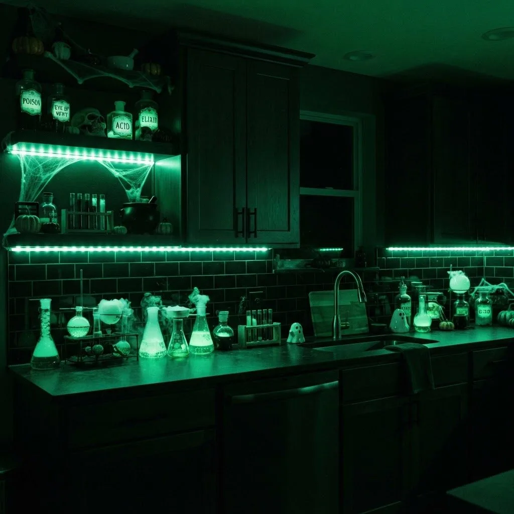 15 Halloween Kitchen Decor Ideas to Try This Year 15 14. Eerie Green Lighting Accent