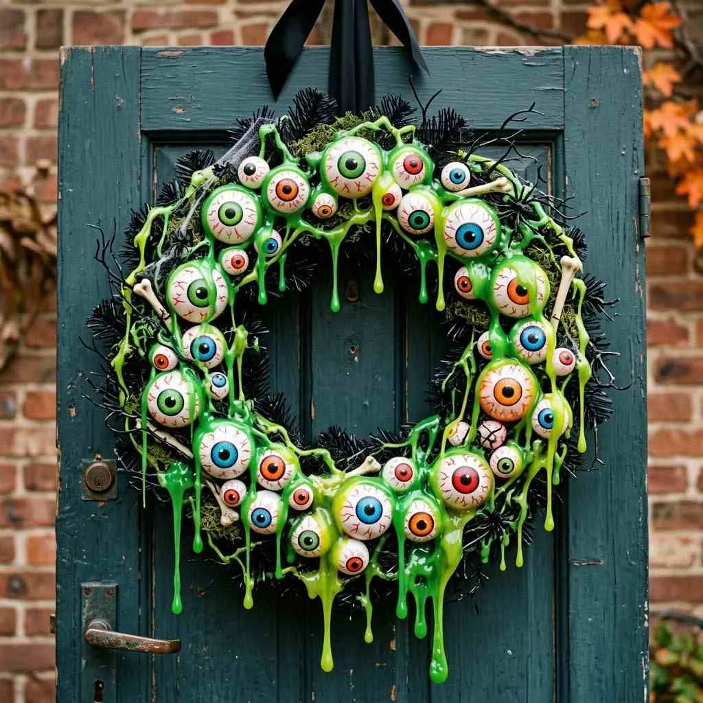 14 Halloween Wreath Ideas to Transform Your Front Door 13 12. Eyeball and Slime Wreath