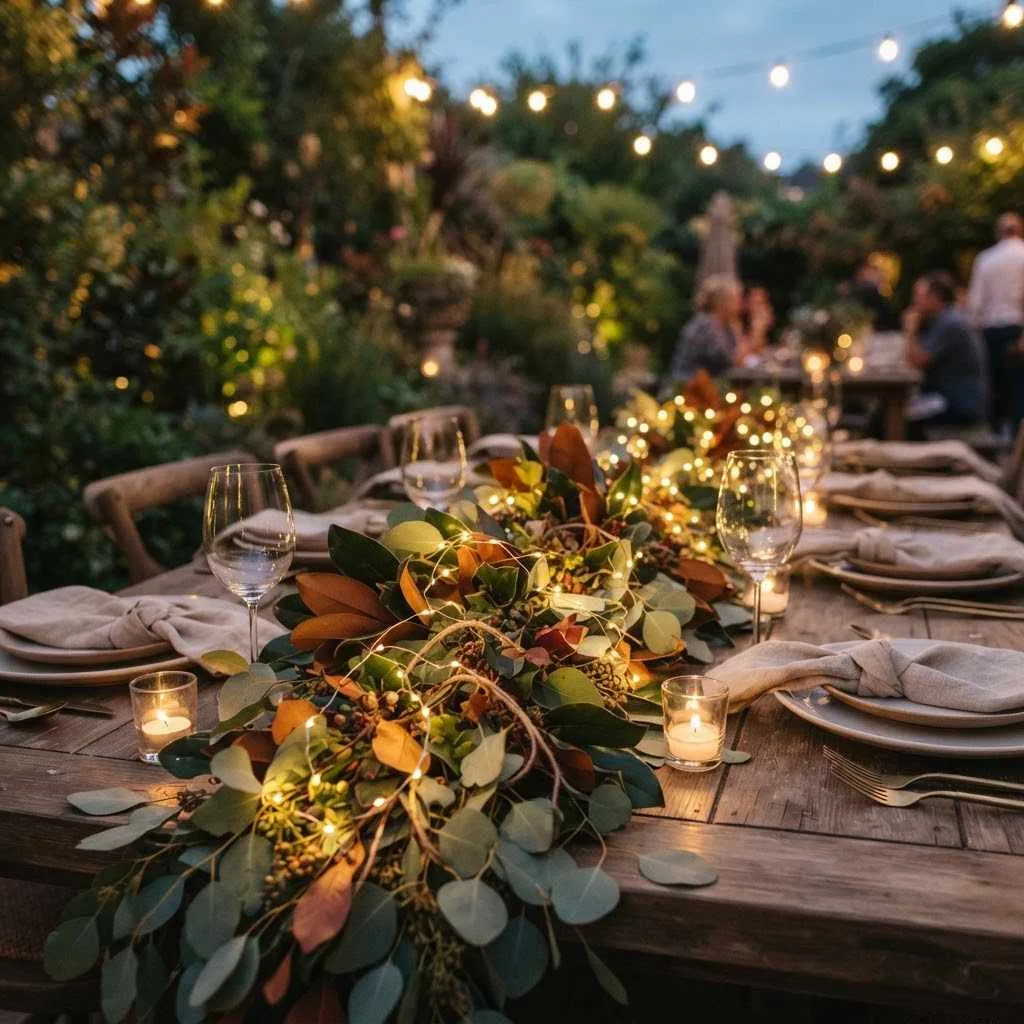 15 Fall Dinner Party Decor Ideas 15 Fairy Lights Tucked into Greenery