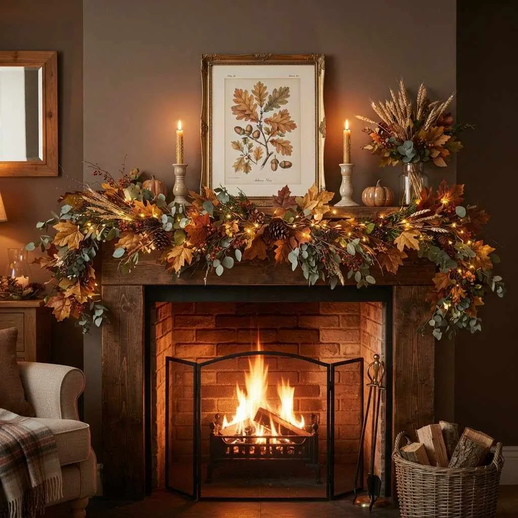 15 Fall Cabin Decor Ideas That'll Make You Never Want to Leave 5 4. Fireplace Mantel Foliage