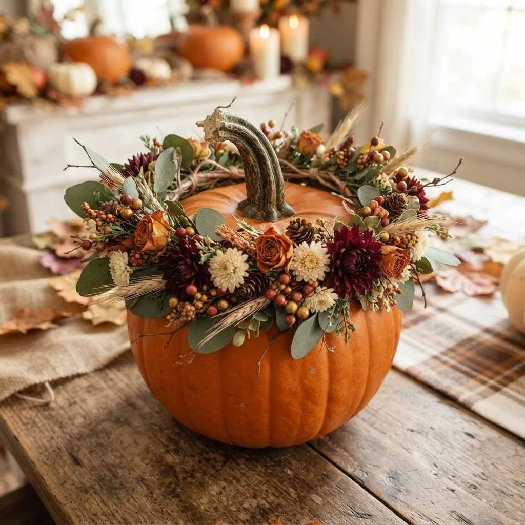 15 Pumpkin Decorating Ideas for 2026 You'll Want to Try Right Now 4 3. Floral Crown Pumpkins