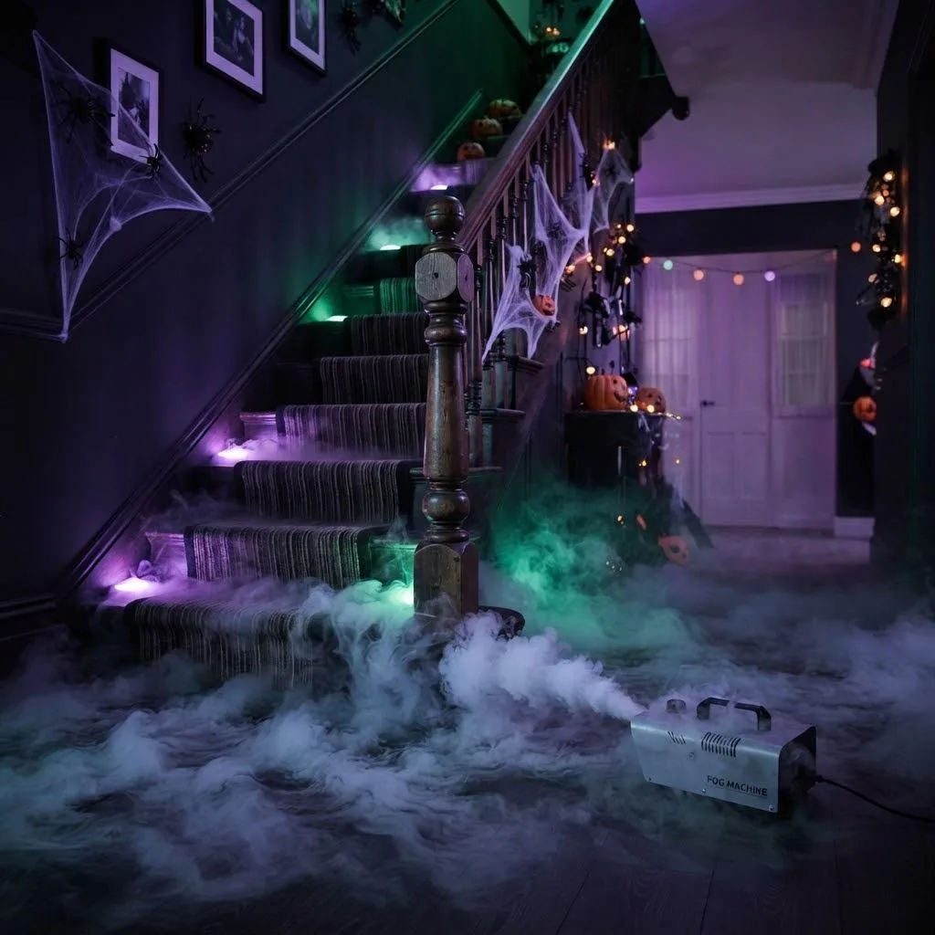 15 Halloween Staircase Decor Ideas That Will Steal the Show 6 5. Fog Machine at the Base