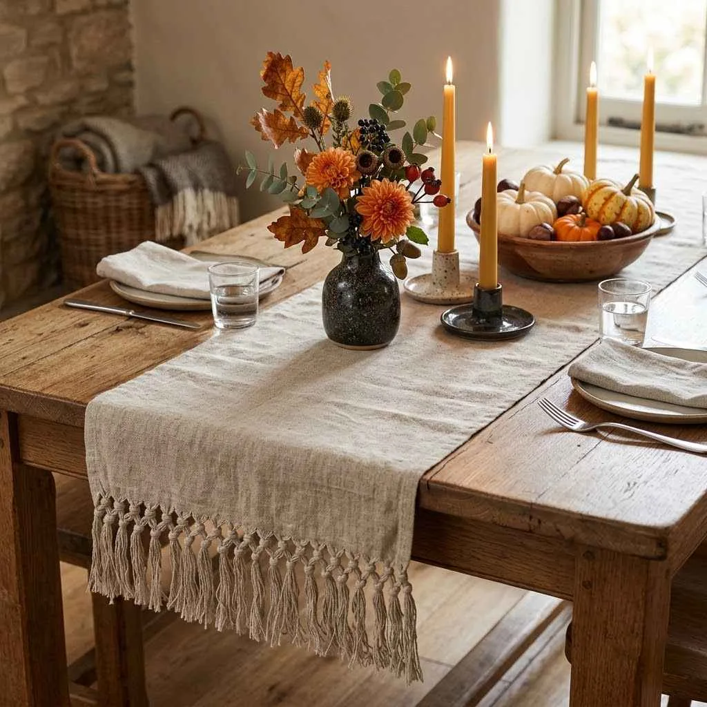 15 Beautiful Linen Table Runner Ideas to Transform Your Fall Table 10 Fringed Edge Autumn Runner