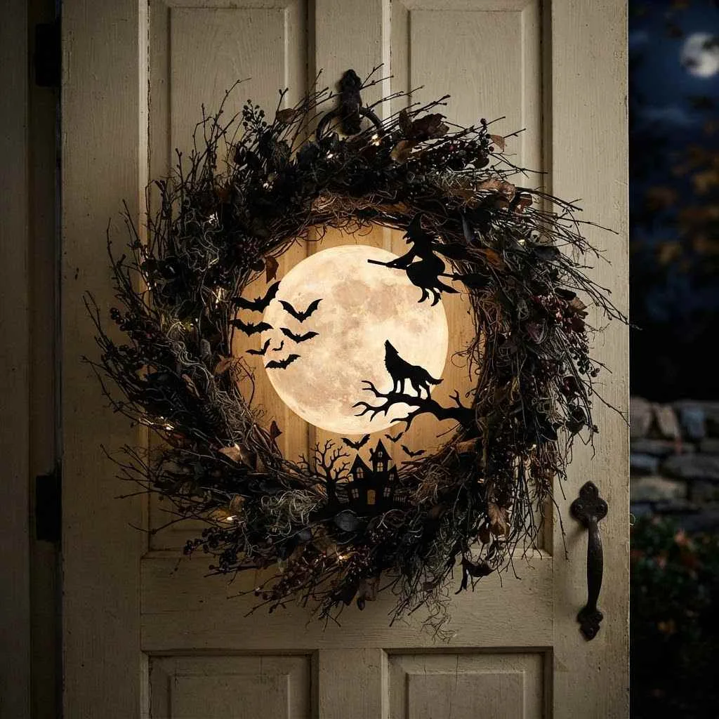 14 Halloween Wreath Ideas to Transform Your Front Door 12 11. Full Moon and Silhouette Wreath