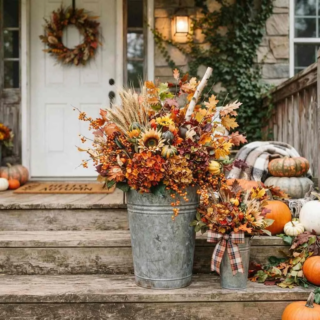 14 Rustic Fall Decor Ideas to Cozy Up Your Home This Season 7 Galvanized Metal Bucket Arrangements