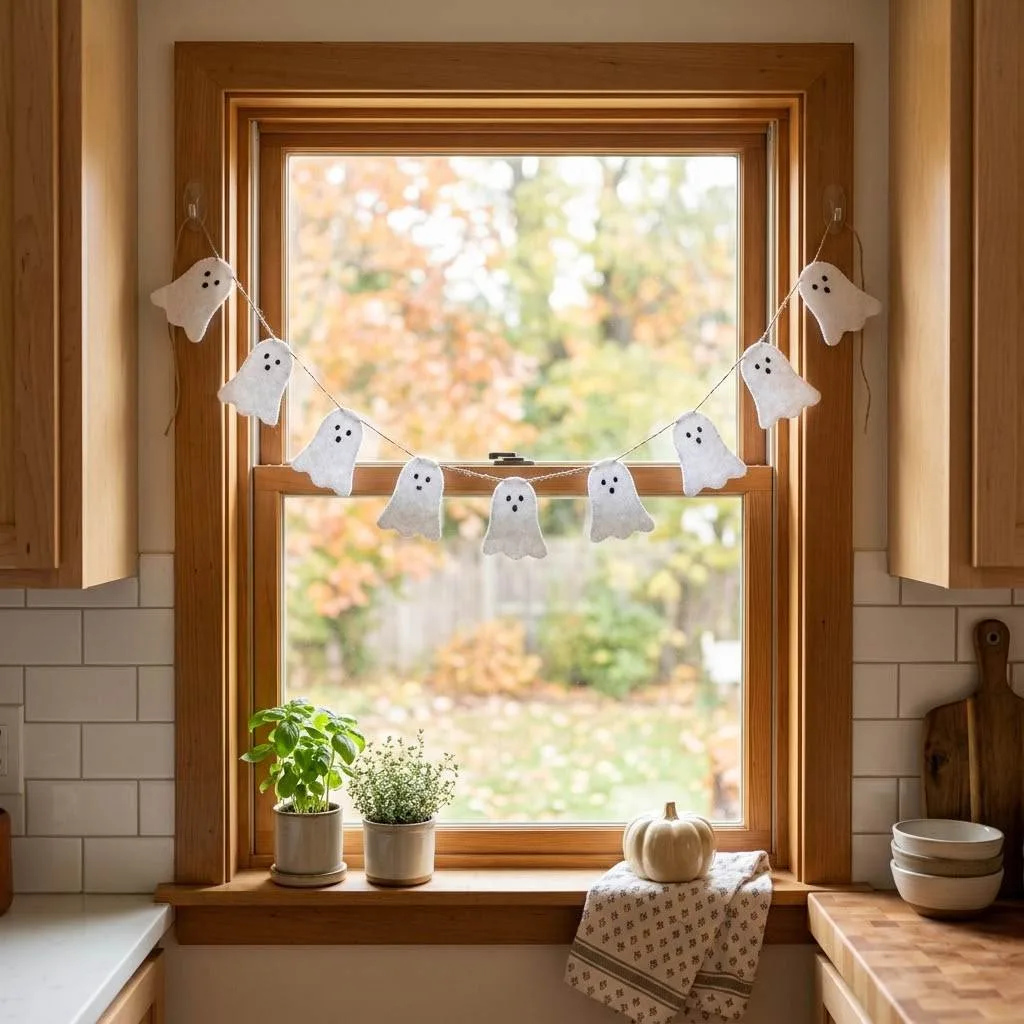 15 Halloween Kitchen Decor Ideas to Try This Year 10 9. Ghost Bunting Banner