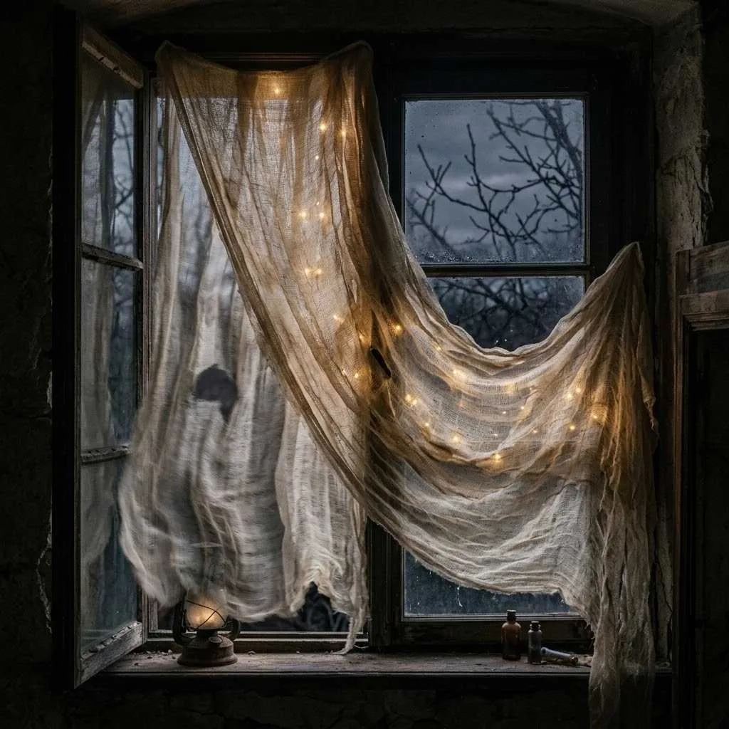15 Spook-tacular Halloween Window Decor Ideas You'll Love 5 4. Ghostly Cheesecloth Curtains