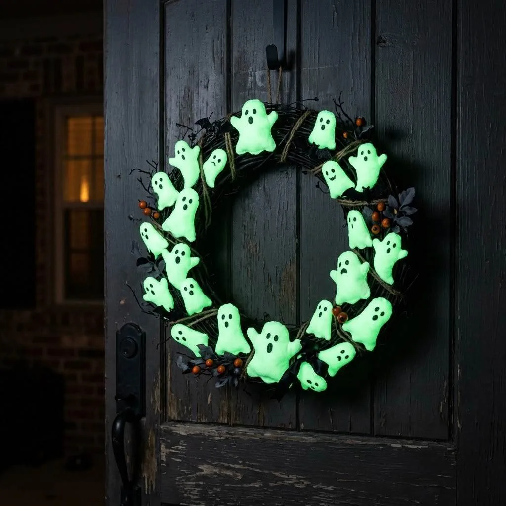 14 Halloween Wreath Ideas to Transform Your Front Door 7 6. Glow-in-the-Dark Ghost Wreath