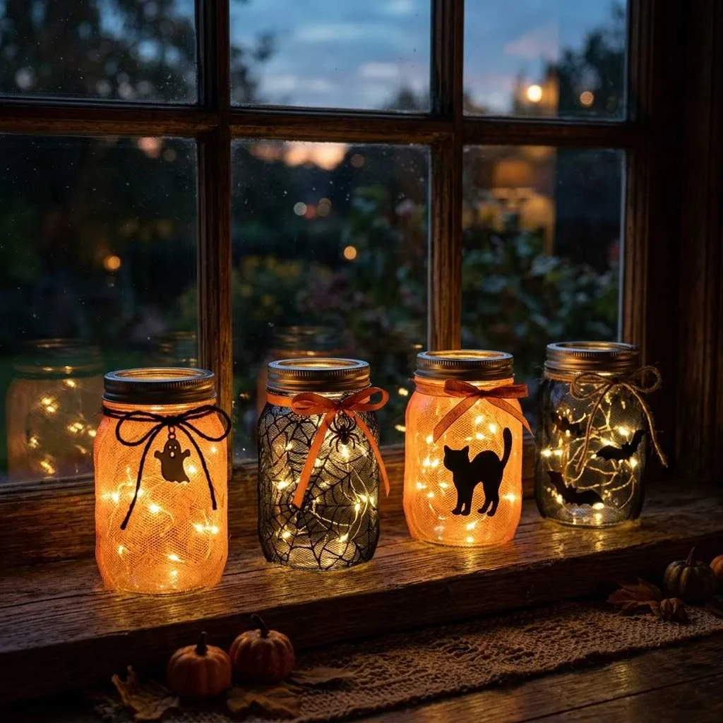 15 Halloween Kitchen Decor Ideas to Try This Year 5 4. Glowing Mason Jar Lanterns