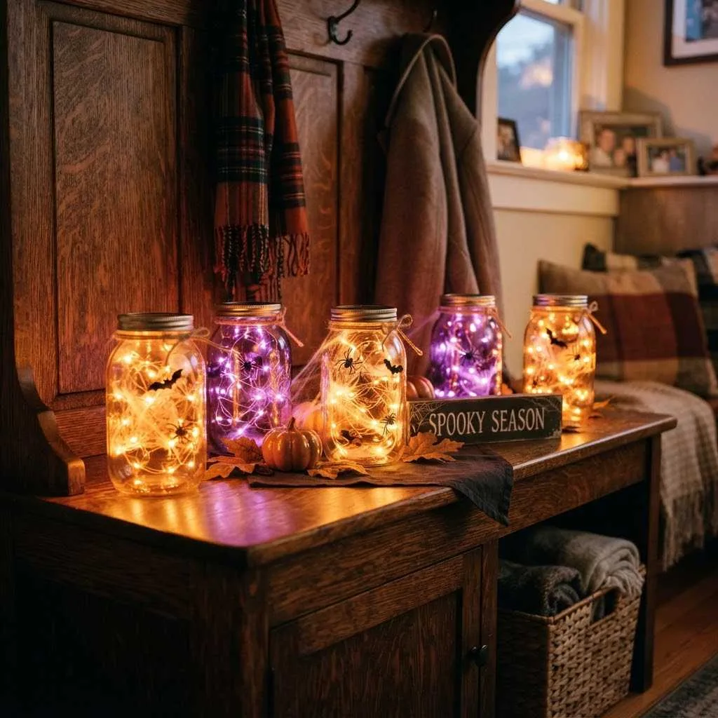 15 Spooky-Chic Halloween Mudroom Decor Ideas You'll Absolutely Love! 4 3. Glowing Mason Jar Lanterns