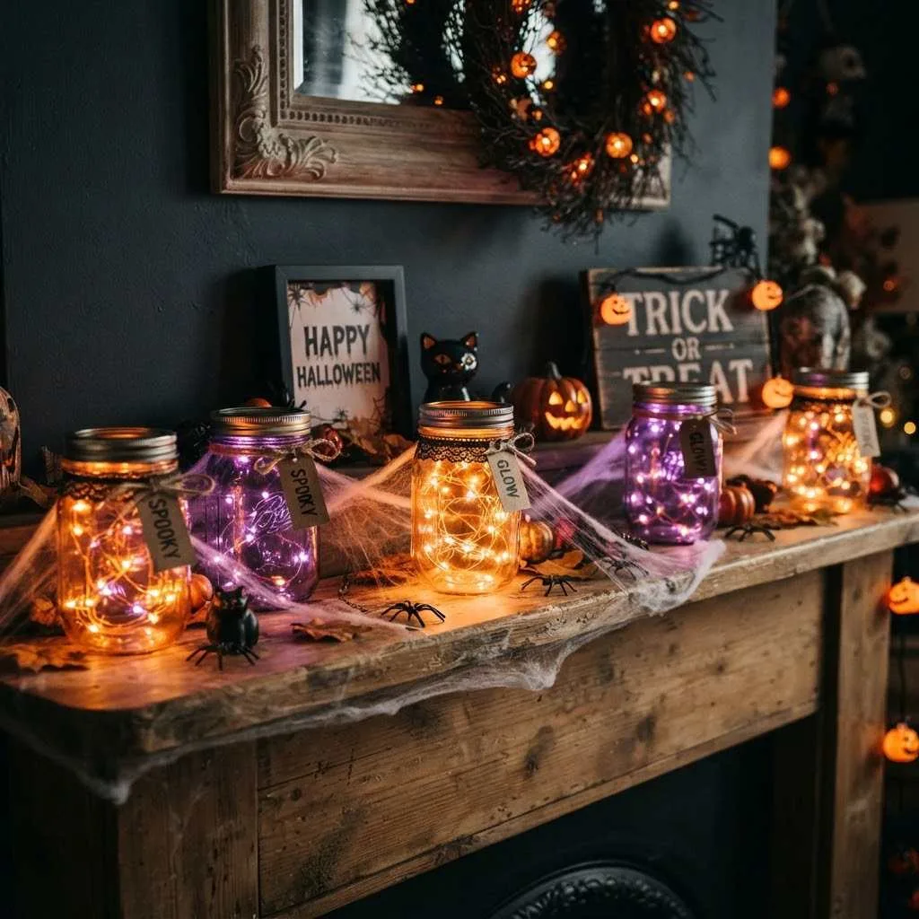 15 Halloween Living Room Decor Ideas 8 7. Glowing Mason Jar Lanterns