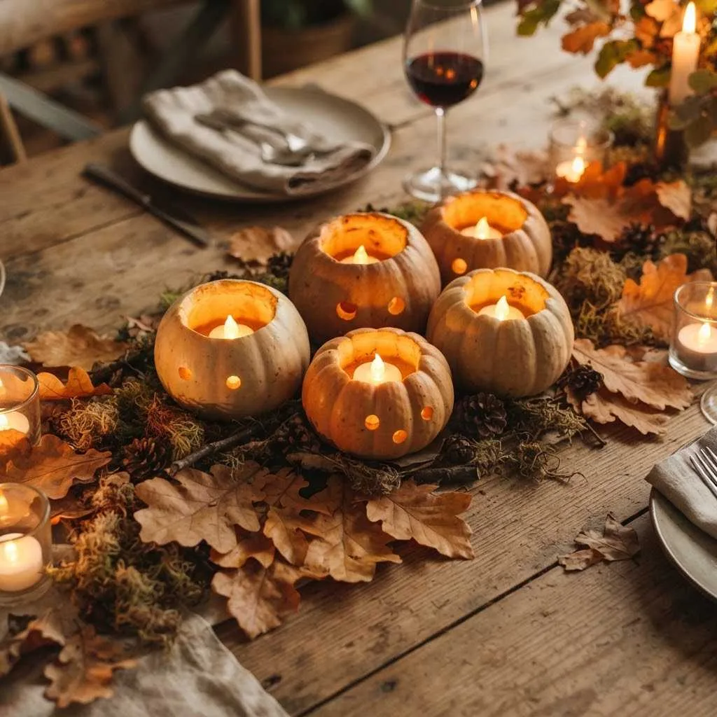 Halloween Centerpiece DIY Ideas 1. Glowing Pumpkin Lantern Cluster
