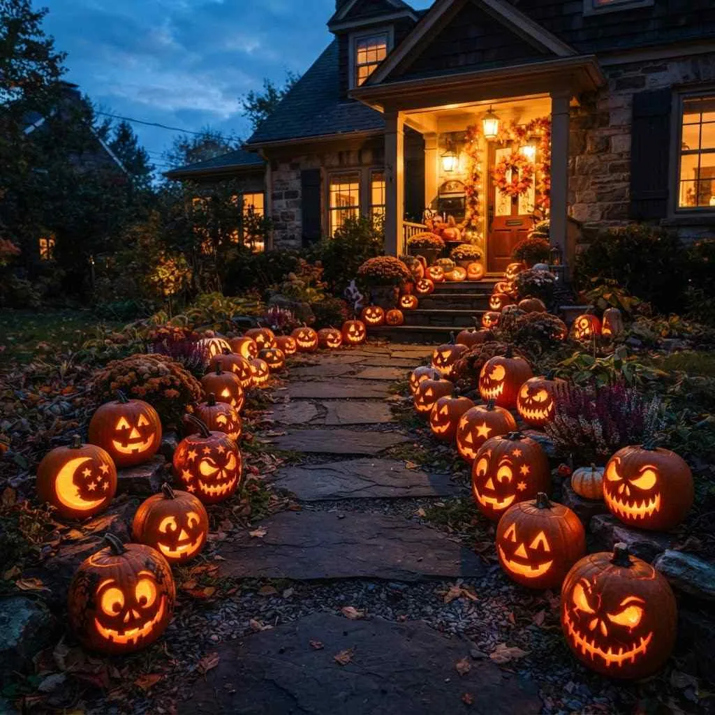 15 Halloween Outdoor Decoration Ideas That'll Make Your Yard the Talk of the Neighborhood 2 Glowing Pumpkin Pathway